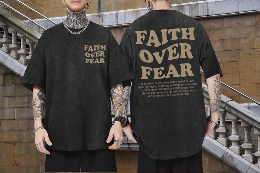 2 Packs Christian Faith Over Fe T Shirt for Men Oversized Tee Graphic Youth Acid Washed Baggy T-Shirt2