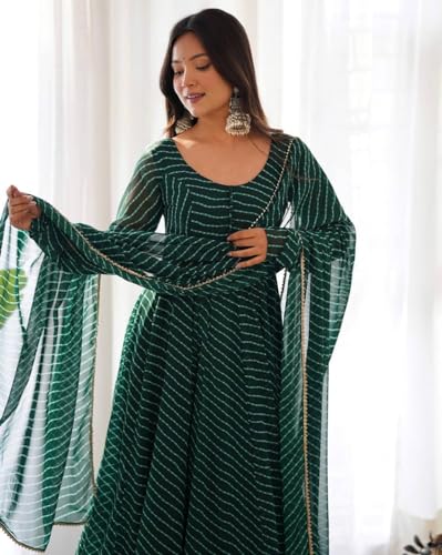 Image of Women's Lehariya Print Georgette Anarkali Fit Long Sleeves Lightweight Ethnic Wear Gown + Dupatta (H E 00391)