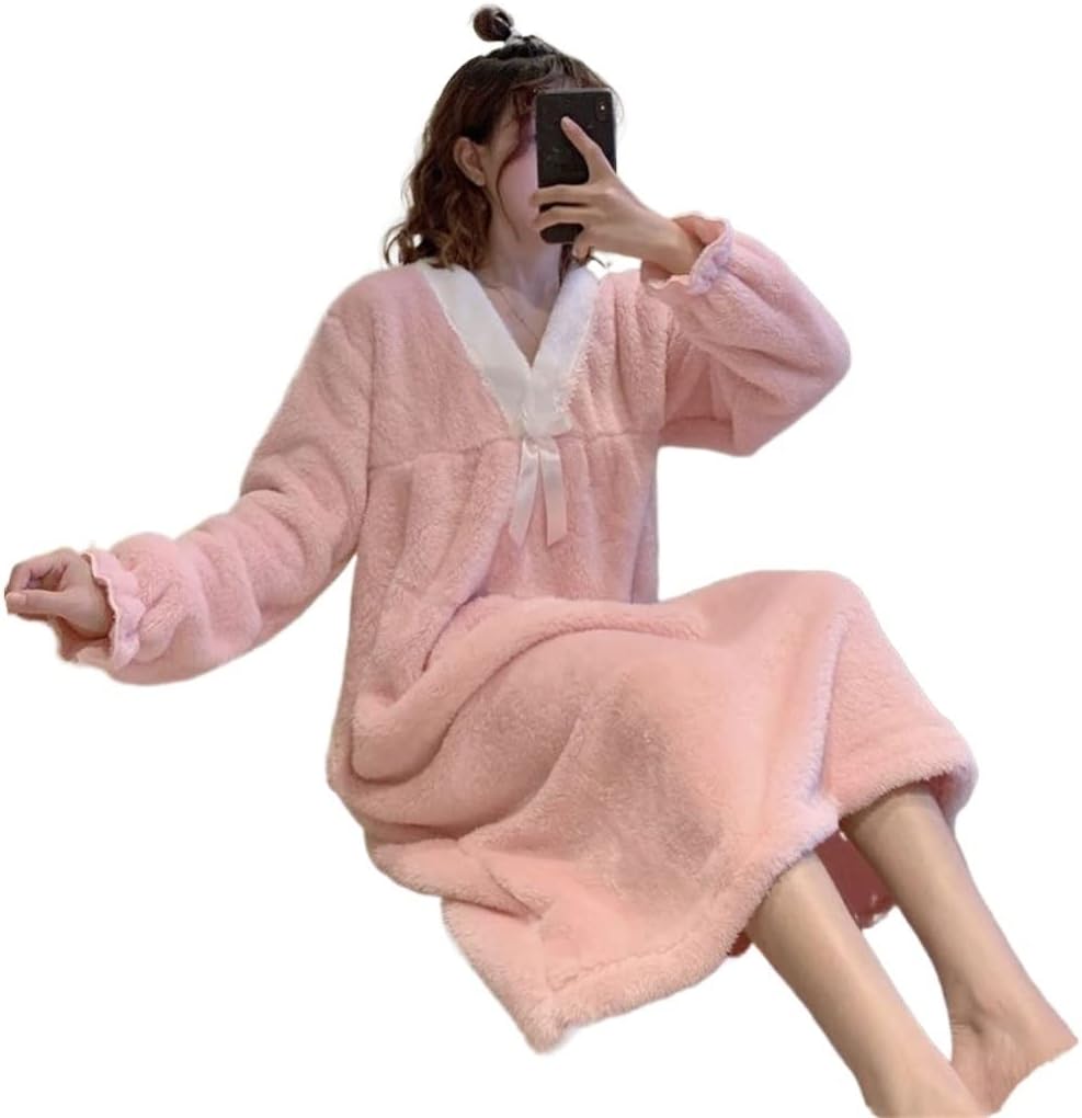 JSEIAJB Pajamas Women's Winter Warmth Flange Sweet Bow Velvet Long Sleeve(Medium)