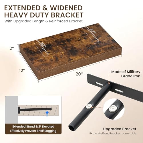 Image of Dreamland 20 inch Floating Shelves for Wall, 12 inch Deep Thicker Floating Shelves, Wall-Mounted Shelves for Bedroom, Living Room, Kitchen, Bathroom,Rustic Brown - Set of 2