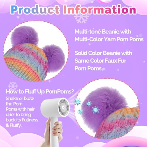 Girls Beanie with Double Pom Pom, Thick Warm Fleece Lined Knit Kids Winter Hat for 3-9 Years4