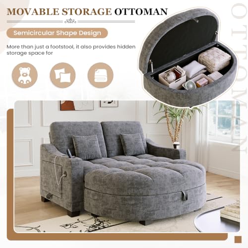 Image of 60 inch Loveseat Chaise Lounge Chair with Ottoman, Tufted Chenille Chaise Sofa with Storage & Adjustable Back / Side Table / USB Charging, Cozy Reading Lounge Chair and A Half for Living Room, Office, Grey