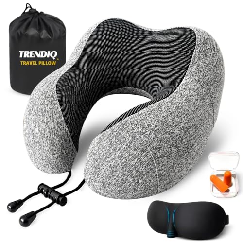 TRENDIQ Travel Pillow for Airplane- Premium Memory Foam with 100% Pure Cotton Cover Neck Pillow for Travel- Adjustable U-Shaped Flight Pillow with Eye Mask Ear Plugs Carry Bag & Carabiner Clip