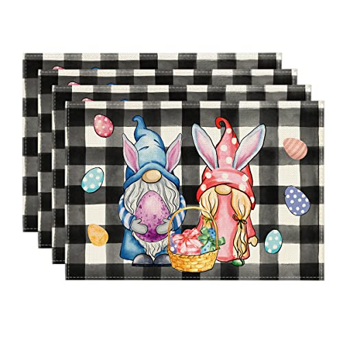 Artoid Mode Buffalo Plaid Bunny Gnomes Eggs Easter Placemats For Dining Table, 12 X 18 Inch Spring Seasonal Holiday Decoration Rustic Vintage Washable Table Mats Set Of 4 #TOP4