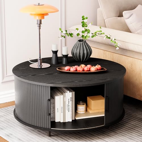 COSIEST Round Coffee Table with Storage, 31.5' Modern Black Coffee Table with 360° Sliding Door,...