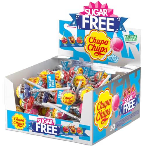 Chupa Chups Sugar Free Lollipop Display Box Cherry Cola & Strawberry Flavoured Assorted Party Sweets - 50 Lollies