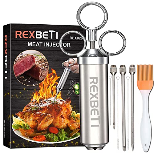 REXBETI Meat Injector Syringe for Smoker, 2-oz Stainless Steel Turkey Marinade Injector Kit for BBQ Gill with 3 Injector Needles, 3 Cleaning Brushes, 1 Silicone Basting Brush