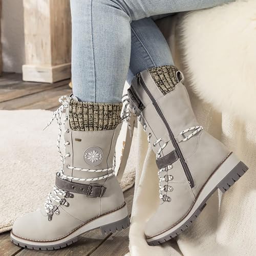 Women Buckle Knitted Mid Calf Boots Winter Warm Lace up Outdoor Casual Cowboy Boots Round Toe Dressy Snow Booties2