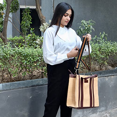 Image of Book Tote Handbag | Handloom Woven Cotton And Vegan Leather | Laptop | Tote Bags for Women For Office Use, Work | Ladies Stylish Shoulder Bag | Ethically Sourced, Lightweight