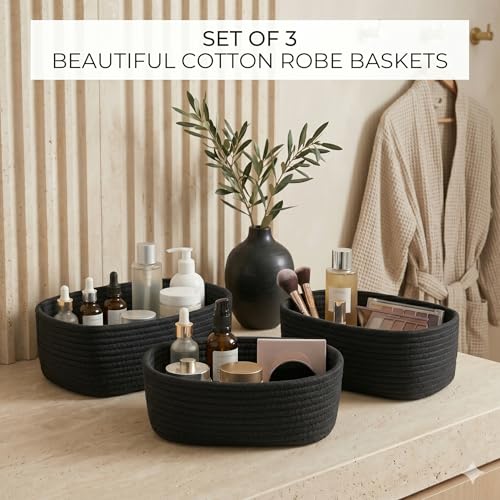 Image of 100% Natural Jute small box mini rope paper storage Round hamper baby nursery tray bucket for Living Kitchen, Office, Drawing Room,fruits, kitchen, office, Set of 3 (black 3 set)