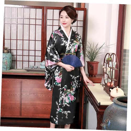 Kimono japonés de bata tradicional para mujer negro imitación seda portátil COLLBATH 3
