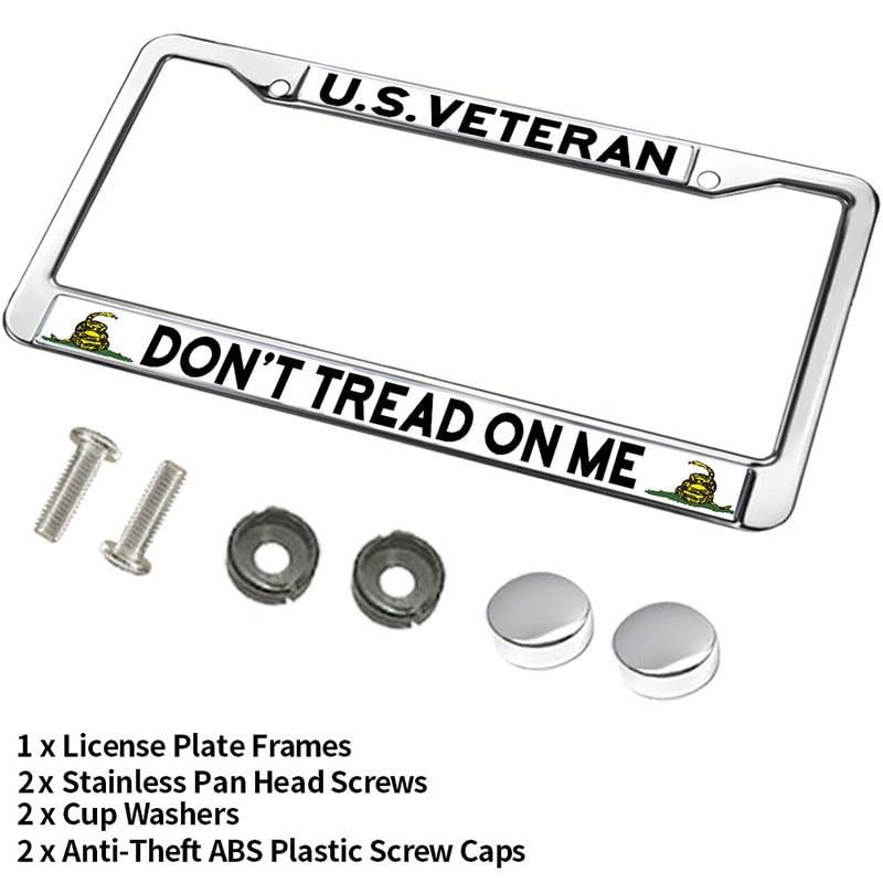 Image of US Veteran Dont Tread On Me License Plate Frame Metal Car Tag Holder | US Veteran Dont Tread On Me License Plate Frame Metal Car Tag Cover Weatherproof Fit US Standard Auto Trucks Accessories