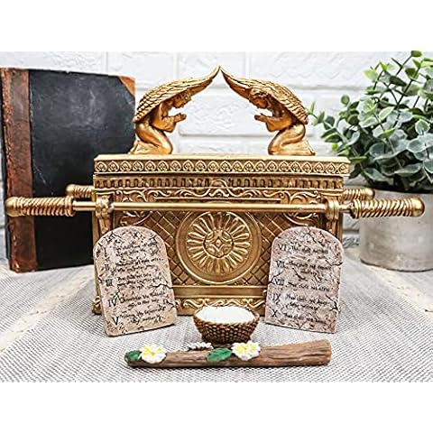 Ebros Matte Gold Holy Ark of The Covenant with Ten Commandments Rod of Aaron and Manna Religious Decorative Figurine Trinket Box Collectible Judaic Israel Historic Model Replica (1:8 Scale 9.5" Long) Cover
