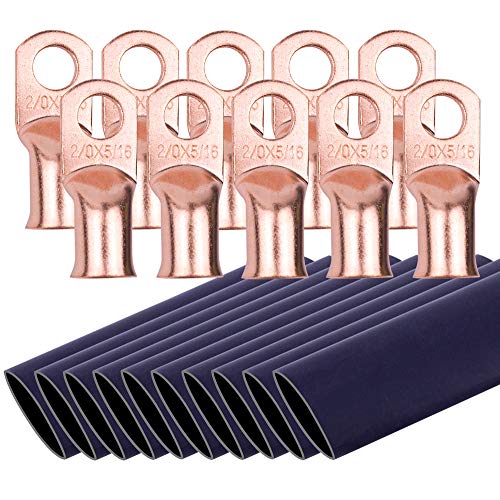 Super Deal Product XUUAP 10pcs 2/0 AWG - 5/16'' Ring Battery Cable Lugs, UL Listed Heavy Duty Bare Copper Wire Ring Terminals, Close End Crimp Connectors, with 3:1 Dual-wall Adhesive Lined Heat Shrink Tubing