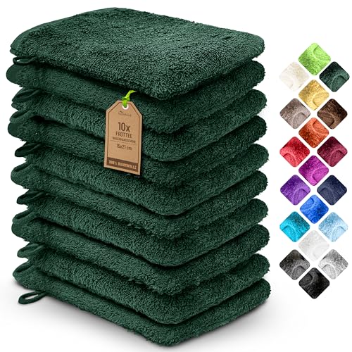 NatureMark 10x Waschhandschuhe aus Frottee 100% Baumwolle Weich und Robust Ideal für die tägliche Pflege und Gäste Dunkel Grün 15x21 cm