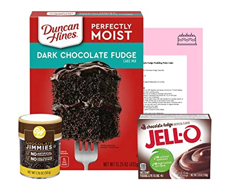 Dark Chocolate Pudding Poke Cake Bundle Kit With Duncan Hines Dark Chocolate Fudge Cake Mix, Jello Chocolate Fudge Pudding Mix, Wilton Chocolate Jimmies, And Recipe