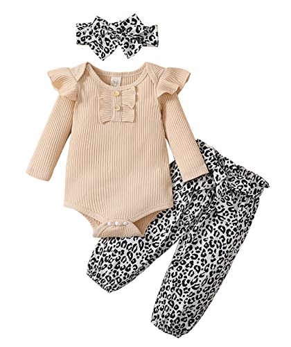 Image of ADXSUN Newborn Baby Girl Clothes Ribbed Ruffled Romper+Striped/Cow/Leopard Flared Pants Infant Outifts 0-18 Months