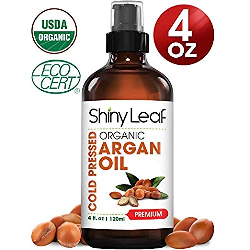 Shiny Leaf Organic Argan Oil for Hair, Face and Body – 100% Pure Morrocan Oil, Natural Moisturizer, Prevents Signs of Aging, Promotes Smooth Hair, Makes Skin Soft and Glowing, Premium Quality 4oz