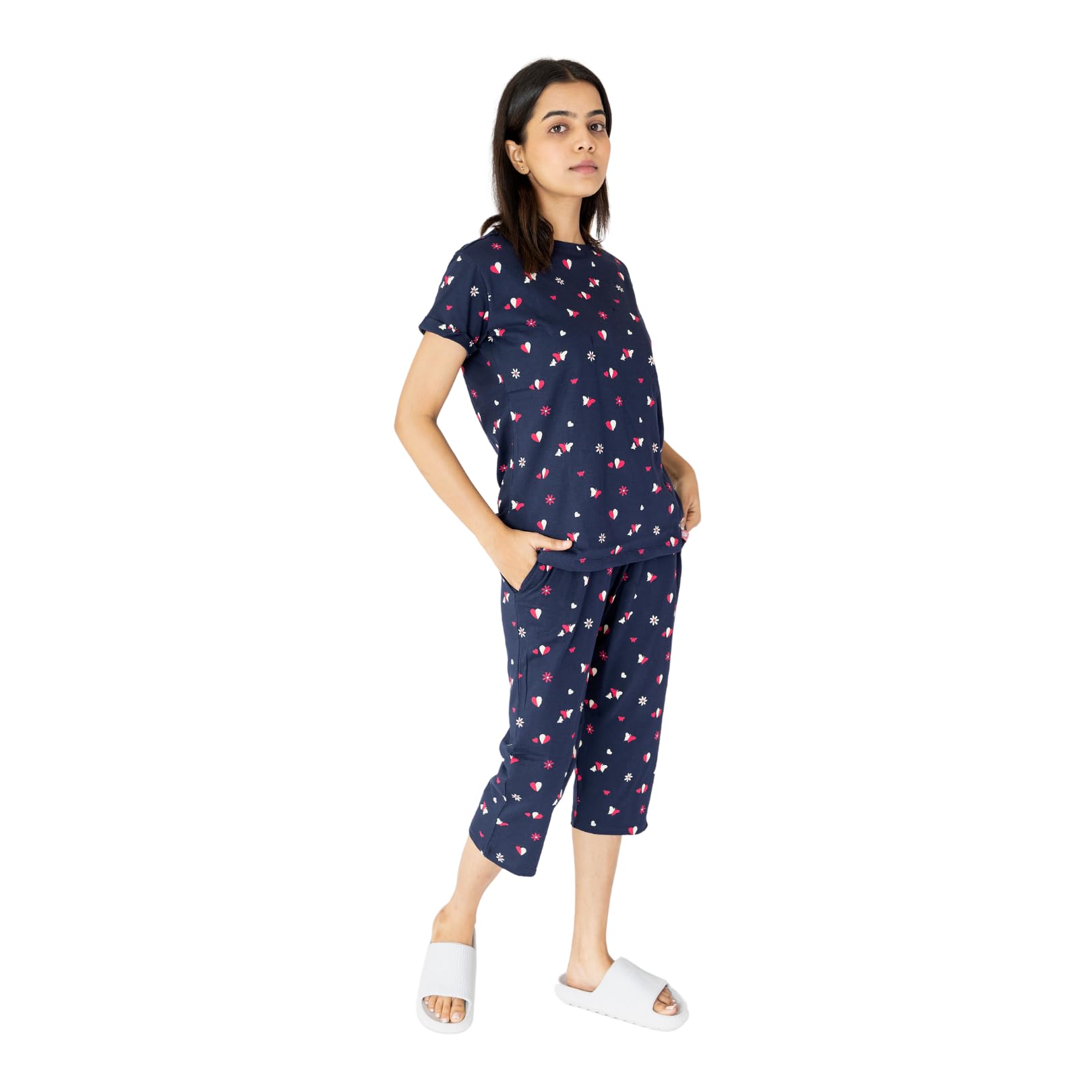 label my Cotton Women's Bedtime Capri Nighwear Set | Round Neck, Nightsuit Set| 3/4 Length Pyjama with Side Pockets, Elastic Waist & Drawstring | Lightweight, No Shrinkage-picture-45