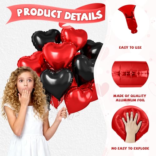 Image of Red Black Heart Balloons, 10 Pcs Metallic Heart Shaped Balloon, 18 Inch Red and Black Foil Balloons Helium for Engagement Brithday Bridal Baby Shower Wedding Engagement Valentines Party Decorations