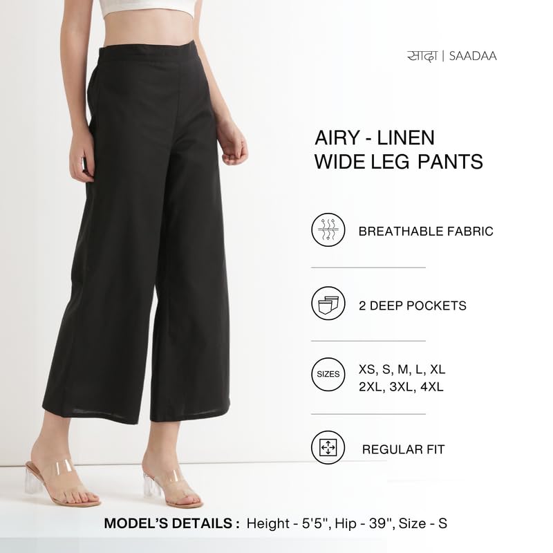 Image of SAADAA Women's Relaxed Fit Mid Rise Airy Linen Wide Leg Pants, High Waist Trousers for Formal, Casual & Office Wear