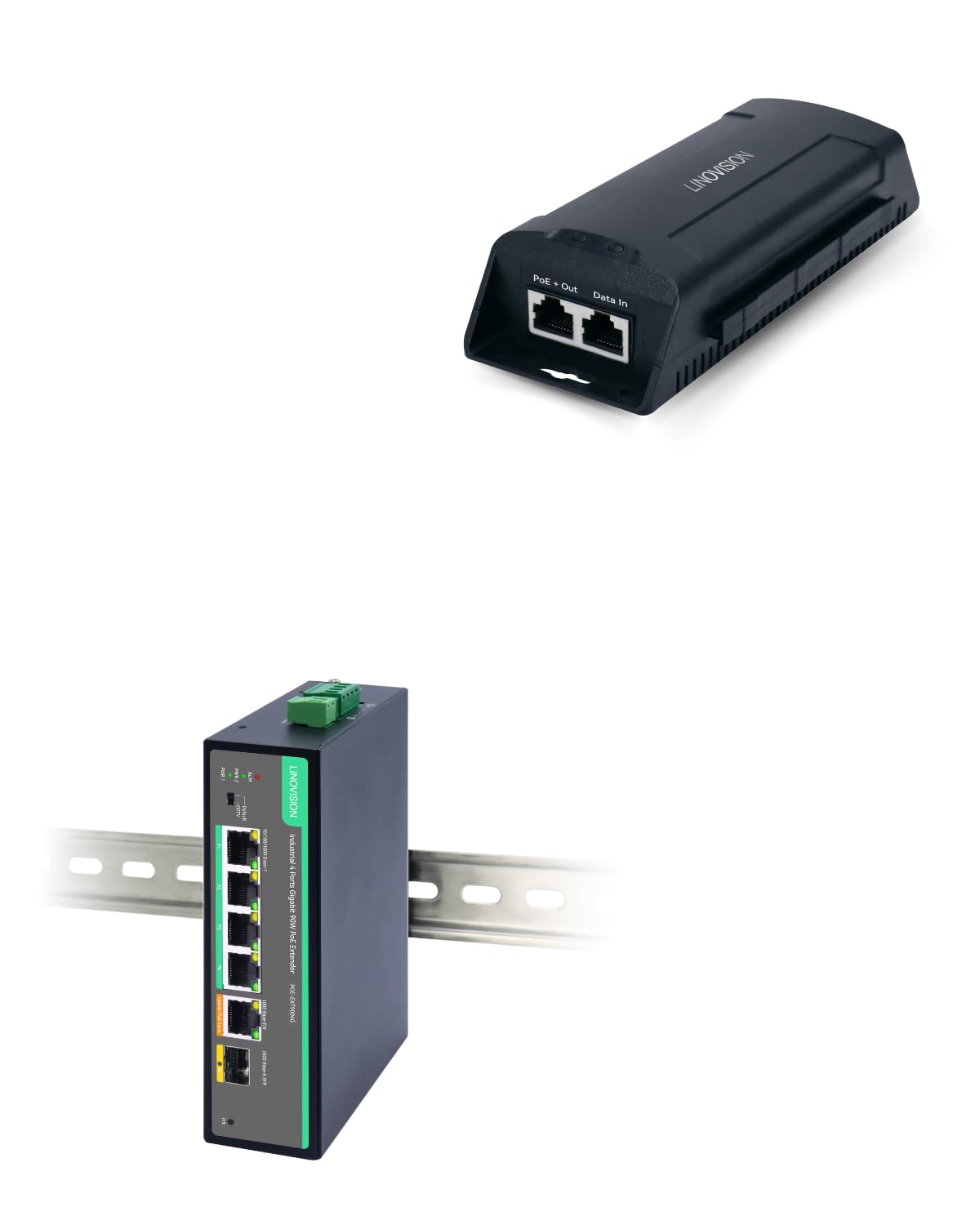 LINOVISION Industrial 4 Ports BT90W PoE Extender and 2.5G BT90W PoE Injector