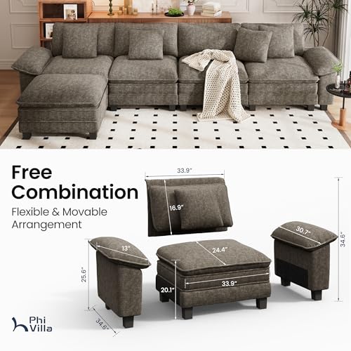 Image of PHI VILLA Cloud Modular Couch Sets, 157.5 inch Oversized Sectional Sofa with L-Shaped Chaise, 5-Seater Upholstered Couches with Movable Ottoman for Living Room, Chenille Smoky Grey
