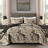 DJY Black Paisley Quilt Set Queen Black and Gold Boho Bedspread Coverlet Set 3 Pieces, Soft Lightweight Microfiber Paisley Floral Pattern Bedding for All Season, 96'x90'
