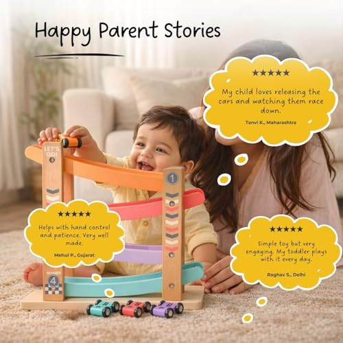 Image of Wooden Ramp Racer Car Toy for Kids (2-5 Years), 4-Level Zig Zag Racing Track with 4 Sliding Cars | Builds Motor Skills & Cause-Effect Learning | Educational Gift for Kids
