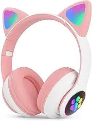 Fone de Ouvido Gatinho Sem Fio Bluetooth Infantil com LED para Meninas e Meninos Rosa