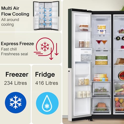 Image of LG 650 L, 3 Star, Frost Free, Double Door, Door Cooling+, Hygiene Fresh+, Smart Inverter Compressor, Wi-Fi Convertible, Side by Side Refrigerator with AI ThinQ (GL-B257EET3, Emerald Tango)