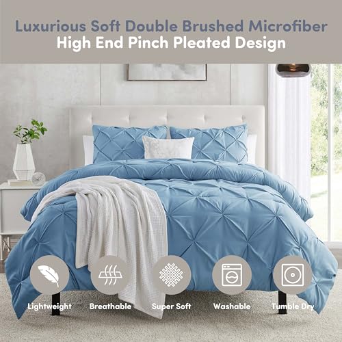 Image of Nestl California King Duvet Cover Blue Heaven - Soft Double Brushed Duvet Set with Button Closure & Corner Ties, 3 Piece Luxurious Pinch Pleated Duvet Cover Set 104x98 Inches with 2 Pillow Shams