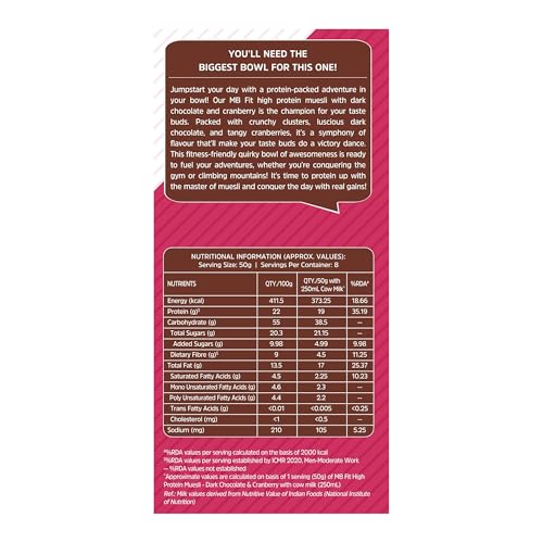 Image of MuscleBlaze Fit High Protein Muesli (400g, Dark Chocolate & Cranberry) | 22g Protein | With Raisins, Almonds & Super Seeds, High Protein Breakfast Cereals
