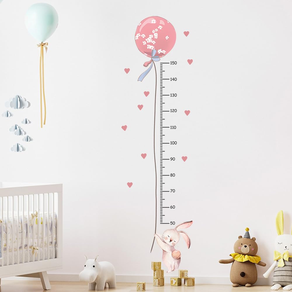 Stickers mesure de la hauteur pour fille Rose Tableau mural de hauteur Stickers muraux décoratifs pour enfants Planche de croissance du bébé Graphique de croissance enfant Vinyle Mesureur Lapin
