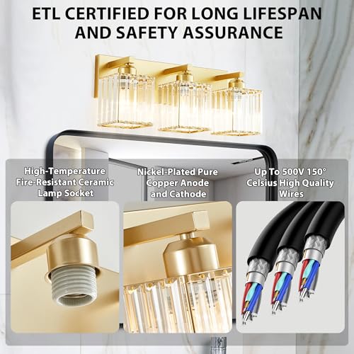Image of Bathroom Vanity Light Fixtures Over Mirror - Makeup Lighting Pure Gold - for Modern Wall, Bath, Desk, Farmhouse, Hallway 3 Crystal Lights