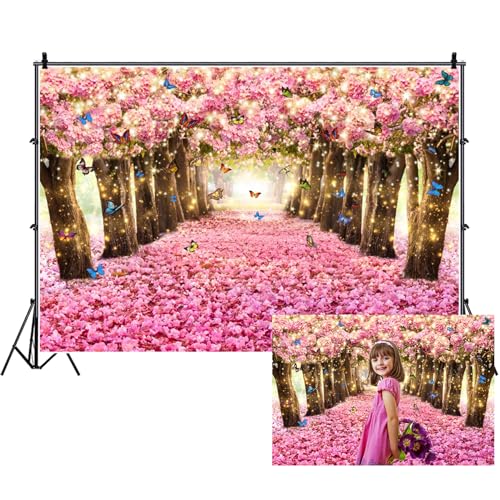 Toile de fond mariage rose de 2,1x1,5m avec pétales et arbre