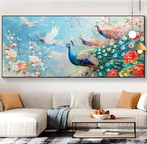 Diamond Painting fleur et paon 60x130cm | Kit broderie diamant complet pour loisirs créatifs adultes