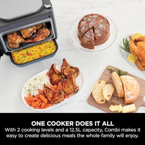 The Ninja Combi's included accessories: bake tray, Combi pan, and crisper plate.