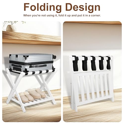 Fully Assembled Luggage Racks Pack of 2, Upgraded Bamboo Foldable Suitcase Stand with 5 Nylon Straps, 26.77" Thickened Luggage Stand Holder with Shelf for Guest Room Bedroom Hotel, White