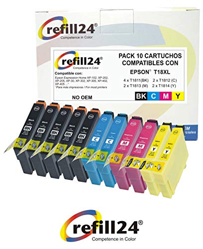 T18 refill24 Cartuchos Compatible para Expression Home XP-322 XP-215 XP-412 XP-422 XP-312 XP-225 XP-325 XP-405 (4 Negro, 2 Cian, 2 Magenta, 2 Amarillo)