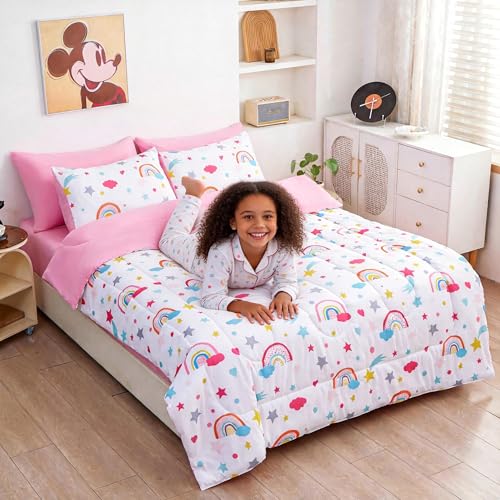 Image of Cartoon Bedding Set - Super Soft Microfiber Twin Size 5 Piece Pink Rainbow Butterfly Bed in a Bag, Comforter Set with Sheets, Pillowcase & Sham for Girls (5 Piece Twin Size)