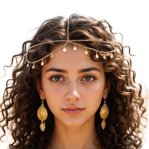Ouligay 2 pcs Gold Head Chain Jewelry for Women,Egyptian Headpiece for Women,Gypsy Accessories,Festival Costume Headband for Prom Daily Hair Accessories Halloween Makeup(small)