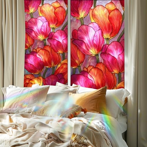 Image of Nuxovilar Gothic Rainbow Pink Tulip Pattern Window Film 17.5x39.3 PVC | Pink Tulip, Gothic Cling spring flower sticker, rainbow glass wrap for bedroom living room dining area (Pink Tulip)