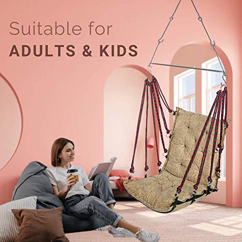 Image of Curio Centre Soft Cotton Swinging Hammock Hanging Swing Chair /Hammock Swing for Adults /Swing for Indoor Outdoor, Garden, Patio /Durable Portable Jhula Swing for Home (Free Hanging Accessories) - Beige