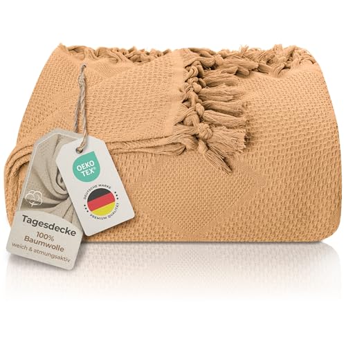 LAYNENBURG Premium Manta sofá con Flecos anudados a Mano - 100% algodón - 150 x 220 cm - Colcha de Verano Waffle Pique - Manta de algodón como Manta de Cama, Colcha para Sofa (Beige)