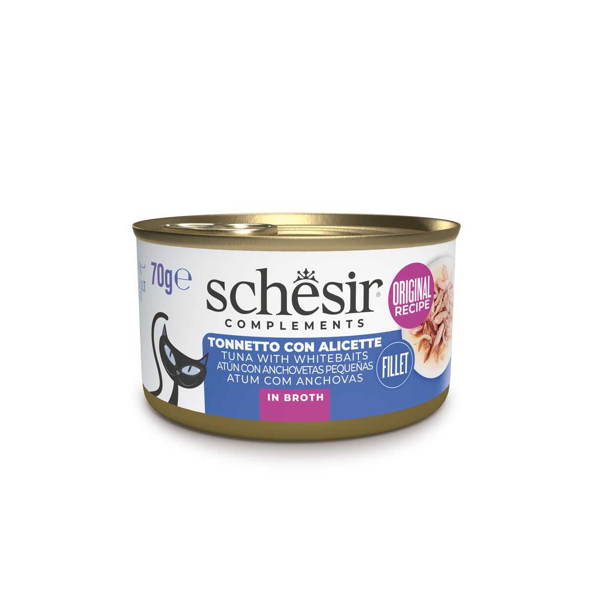Schesir Atún con Boquerones en Gelatina, Comida Húmeda para Gatos, en Latas, 100% Natural, con Vitaminas Añadidas, 12 x 70g