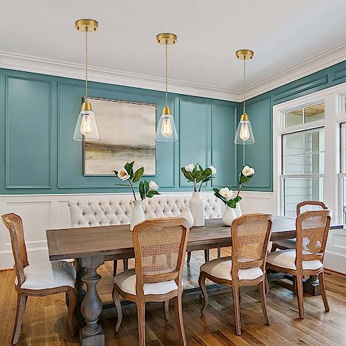 Image of MWZ Gold Pendant Light 3 Pack,Brass Pendant Lights Kitchen Island, Dining Room Lamp Fixtures Over Table with Clear Glass Shade, Modern Mini Chandeliers,Adjustable Cord Hanging Lighting for Sink