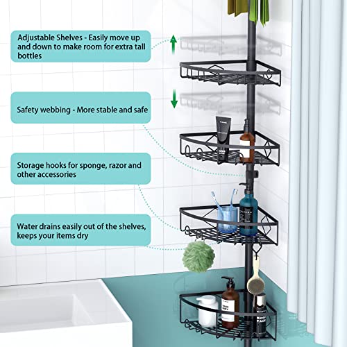 Kadolina Corner Shower Caddy Tension Pole, 4 Tier Shower Basket Shelves, 53-120 Inch Adjustable Height Shower Storage Rack, Bathroom Bathtub Shampoo Holder Organizer Shower Accessories (Black) #TOP1
