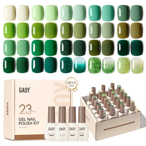 GAOY 23 Pcs Gel Polish Kit Green Glitter Colors All Seasons Gel Nail Polish Set with Glossy & Matte Top Coat and Base Coat for Nail Art Home DIY