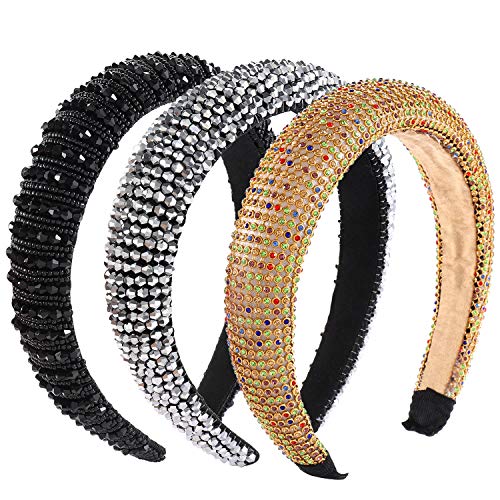 Padded Rhinestone Beaded Headbands Bejewelled Wide Hairband Hair Hoop Wedding Party Headpiece Hair Accessories For Women Girls Pack of 3 (beaded rhinestone headband)